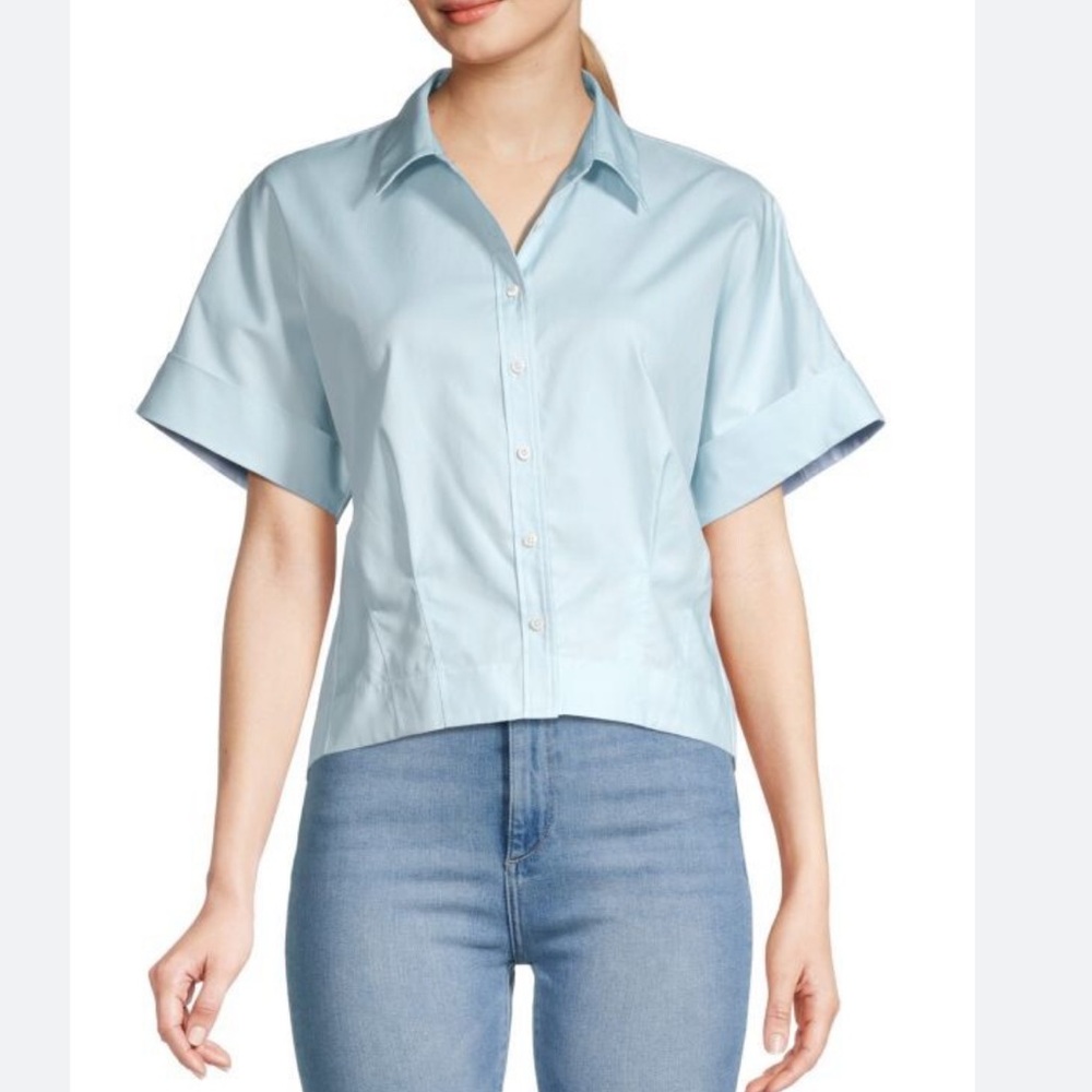 Theory Cropped Cotton Poplin Button Down Shirt Top Sz S Blue Short Sleeve Boxy